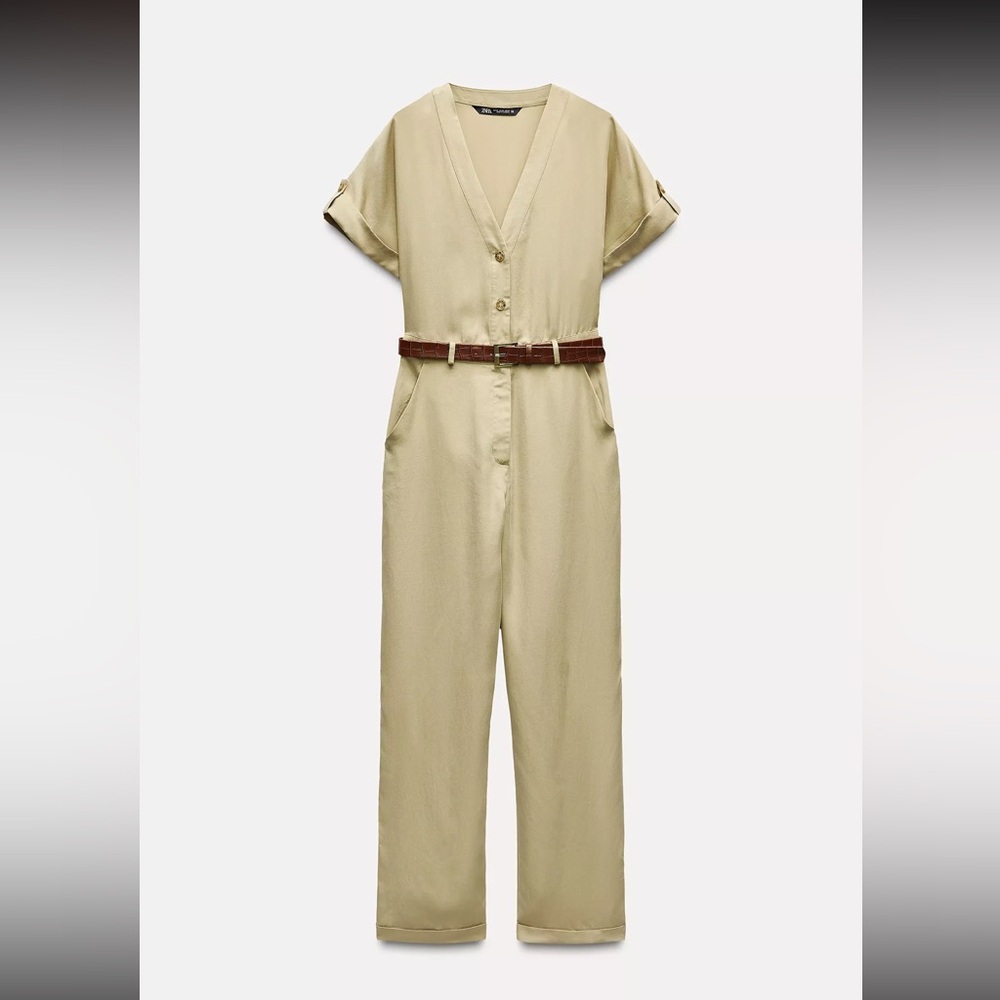 Zara Beige Belted Jumpsuit